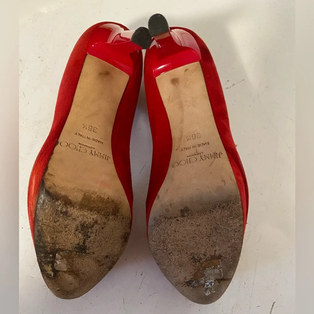 Jimmy Choo Red Pumps 👠, still have tons of life. Fair condition, Sz 36 1/2 - Picture 5 of 8
